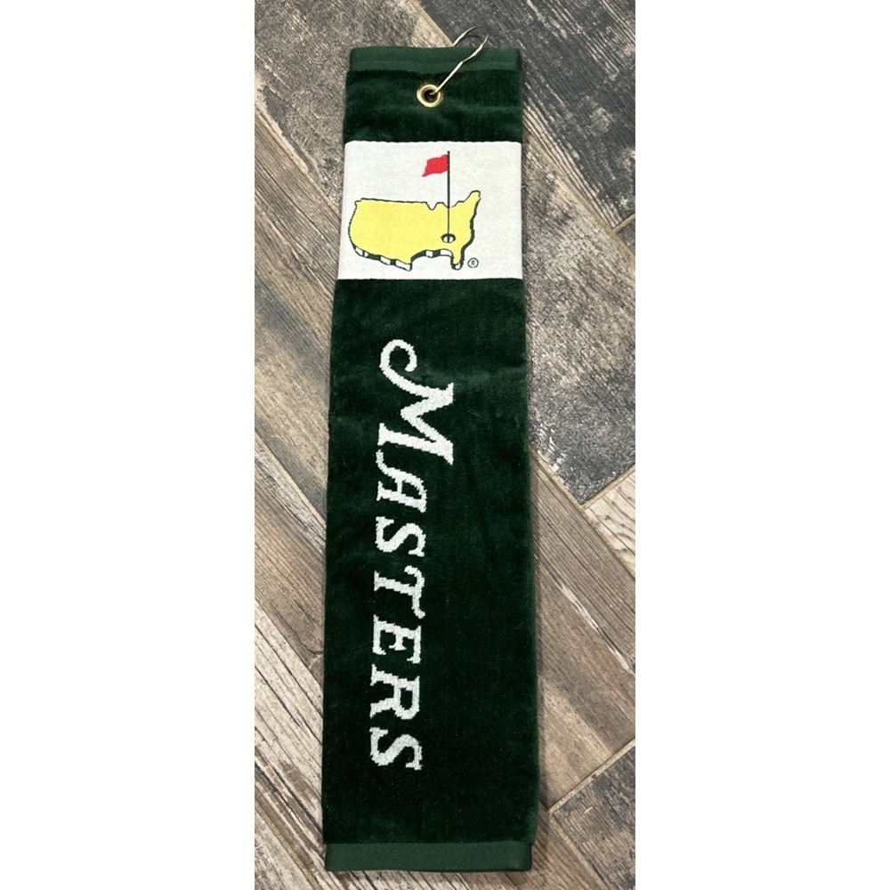 New Masters Golf Bag Towel Green AUGUSTA Nat'l Logo w/ Clip Cotton Tri Fold USA